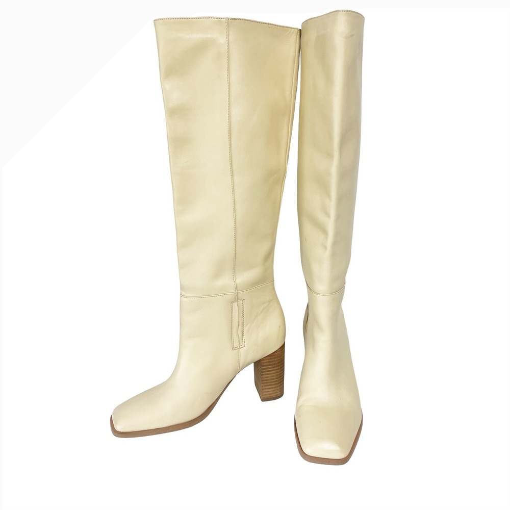 Sam Edelman Olly Cream 100% Leather Knee High Block Heel Boots Size 8 Boho Chic